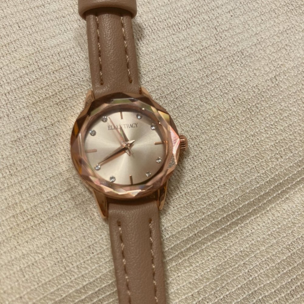 Ellen Tracy Faux Leather Faceted Glass Watch
